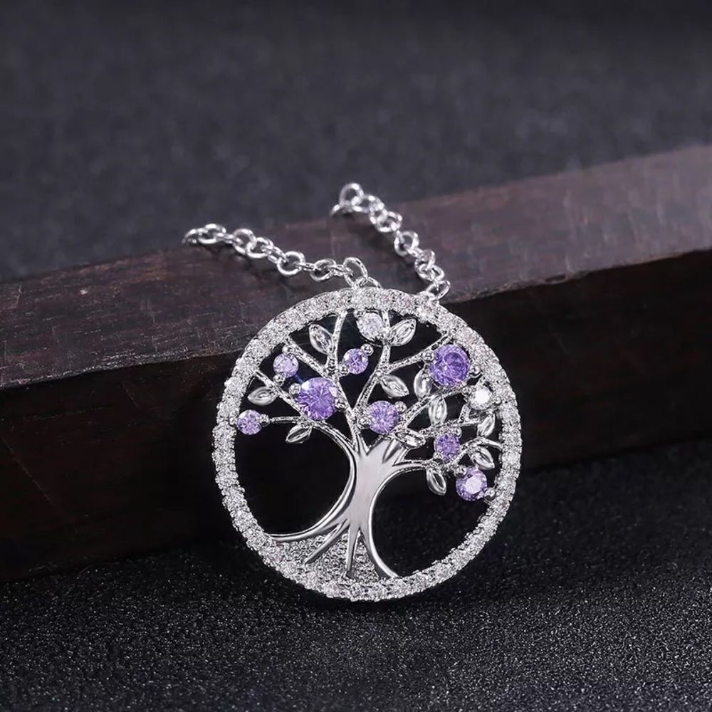 NWT Tree of Life Necklace Silver with Purple and Cubic Zirconia Stones